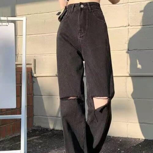 Womens Spring and Autumn 2021 New Loose Thin Drape Wide-leg Mopping Pants Black High-waist Ripped Straight-leg Classic Jeans