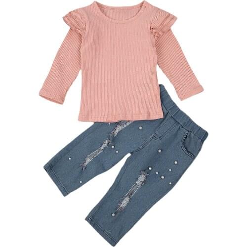 Toddler Girl Clothes Infant Casual Outfits Toddler Long Sleeve Round Neck Ruffle Ribbed Top + Side Pockets Ripped Jeans