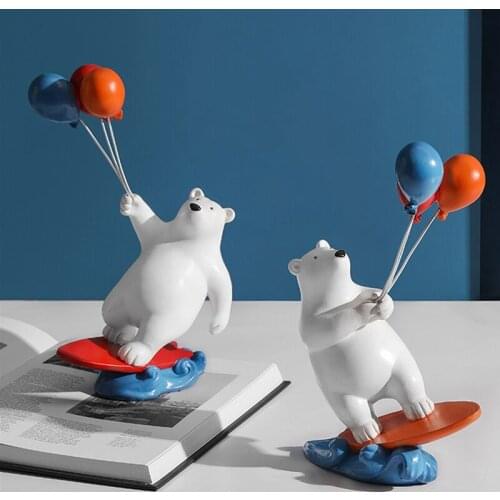 Resin Surfing Bear Figurines Balloon Polar Bears Statue Home Office Decoration Living Room Bedroom Desktop Ornament