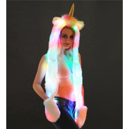 Christmas Halloween LED Unicorn Hat Costume Winter Warm Long Scarf and Gloves Set with Pockets Hat for Girls Halloween Gift
