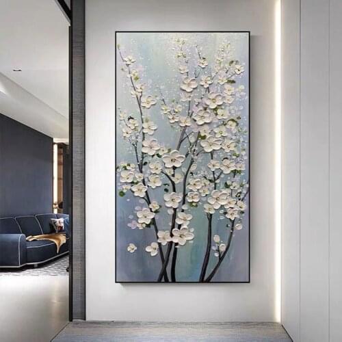 Hand Painted Abstract Oil Painting Wall Art White Flowers Tree Picture Modern On Canvas Decor For Living Room Office No Frame