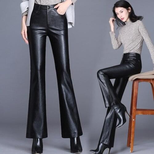 Winter Autumn Fashion Woman Female High Waist Black Pu Leather Flare Pants , Fall Women 4xl 5xl Fleece Warm Thick Trousers