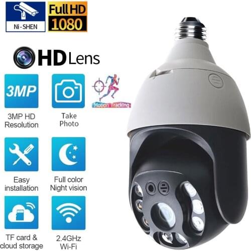3MP1080P Smart Life Outdoor Bulb Lamp Camera Wifi IP PTZ IR Night Vision Home Security Auto Tracking Video Surveillance