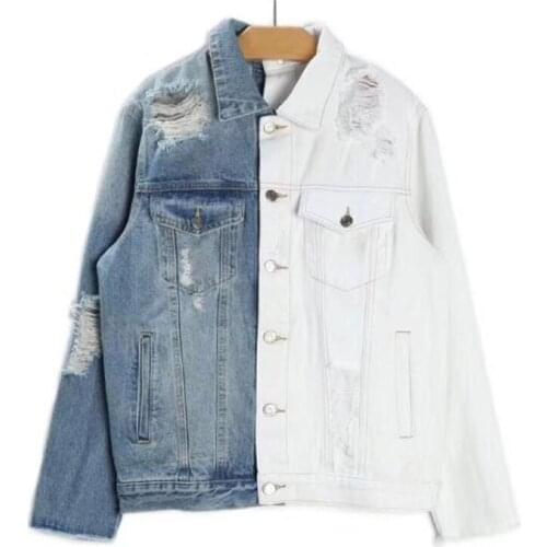 PERHAPS U Women Denim Jacket Blue White Frayed Patchwork Asymmetrical C0152