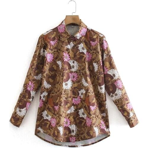 Women Shirt Fashion Za 2021 Digital Printing Long Sleeve Chrysanthemum Pattern Single Breasted Elegant Tops Blouse