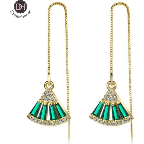 Dreamhonor 925 Sterling Silver Emerald Zircon Long Tassel Ear Line Fan Earrings Simple Earrings For Women Jewelry Wholesale