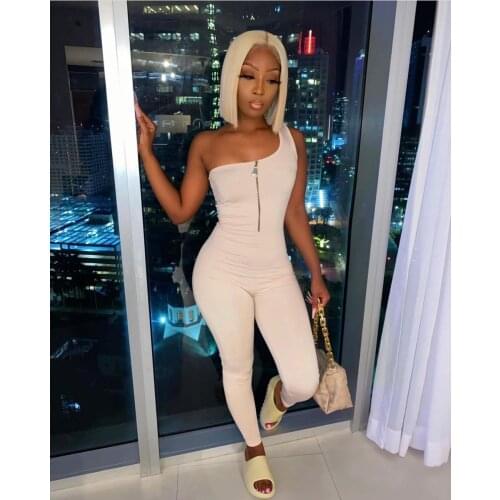 Echoine Sleeveless Irregular One Shoulder Zipper Jumpsuit Skinny Fitness Yoga Sporty Rompers Sexy Party Club Outfits Streetwear