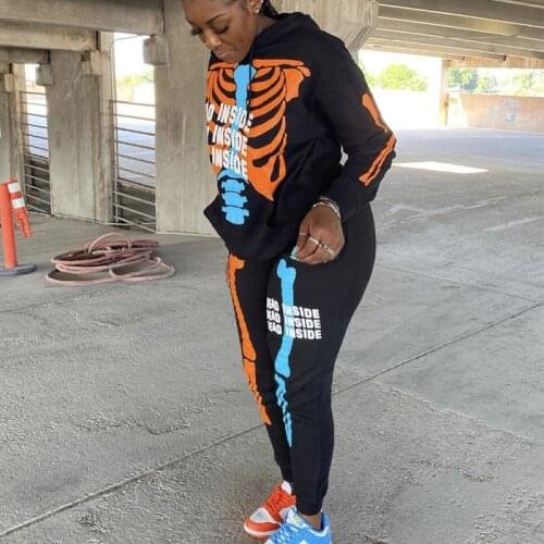 Gothic Skull Print Black Tracksuits Women Two Piece Set Graphic Hoodies Pants Matching 2021 Autumn New Plus Size Fashion Clothes