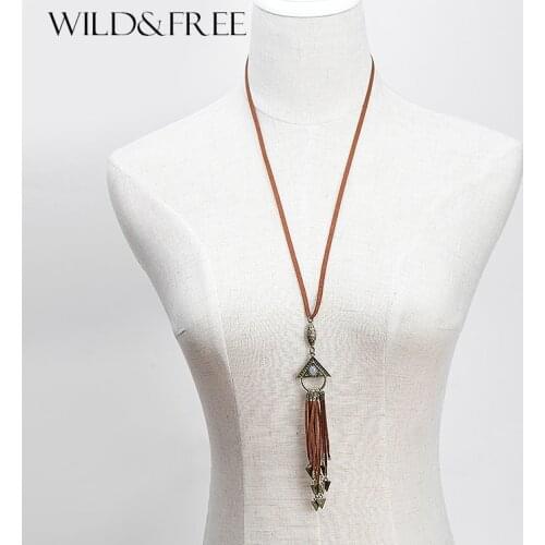 WILD & FREE Women Vintage Zinc Alloy Triangle Pendant Necklace Black Brown Suede Chain Boho Collar Necklace Gift