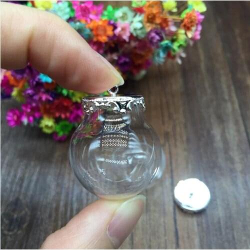 30sets 25mm 15mm width mouth opening glass globe vials necklace pendant, glass bottles, come with matching cap, diy clear glass