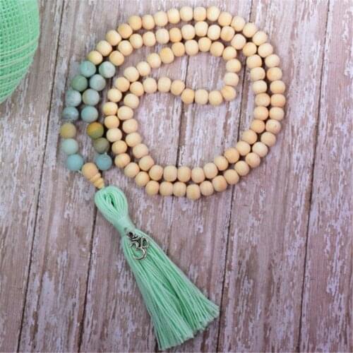 8mm Beige Prayer Beads Amazonite Handmade Tassel Necklace Tibetan Classic Buddhism Retro Chakra Spiritua