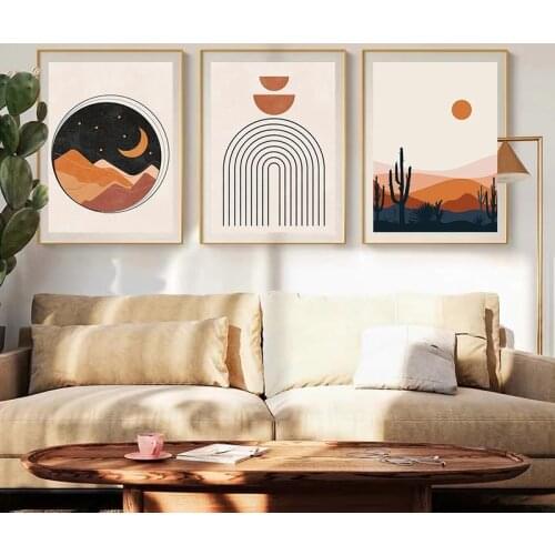 Abstract Vintage Sun and Moon Rainbow Canvas Painting Modern Poster Print Geometric Line Wall Art Picture Living Room Home Decor