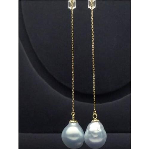 Free shipiing South Sea Cultured Pearl Long Drop Earrings Dangle 18K Yellow Gold 10-12mm