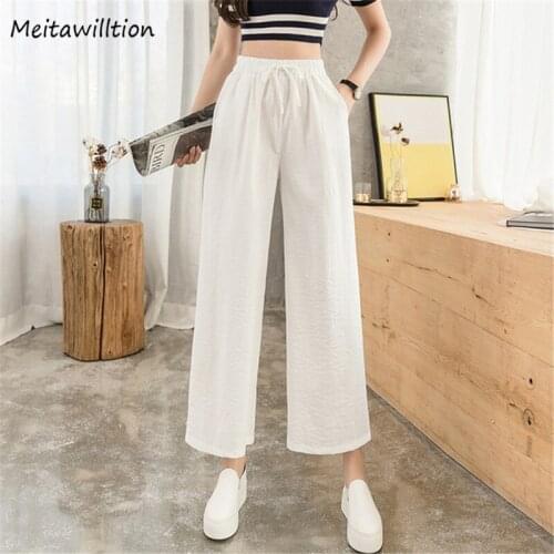 Spring Summer Cotton Linen Trousers Women Casual Solid Loose High Waist Pants 2020 Korean Lady Wide Leg Pants
