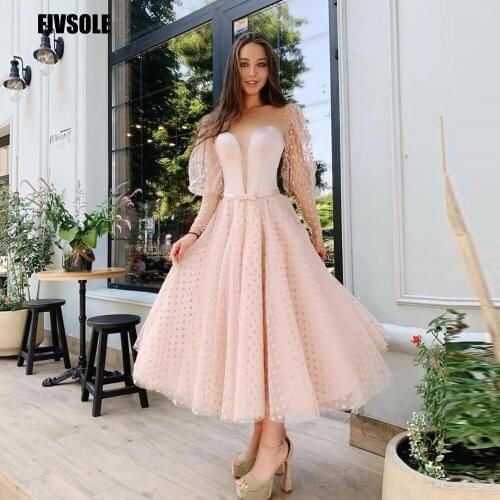 Fivsole 2021 New Dot Tulle Long Sleeves Evening Dresses A Line Princess Cute Formal Party Dress Tea Length Prom Gowns