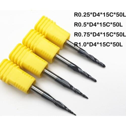 4PCS Assorted R0.25&0.5&0.75&1.0mm HRC55 Tungsten solid carbide Tapered Ball Nose CNC Router Bit Taper End Mills and cone cutter