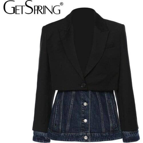 Getspring Women Blazer Denim Patchwork Fake Two Blazers And Jackets Color Matching Asymmetry Suit Coats Spring/autumn 2021 New