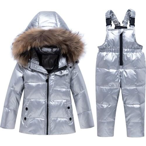 Glossy Silver Kids Baby Snowsuit Waterproof Down & Parkas Children Clothing Sets Down Jackets+Jumpsuit Boys Girls Winter Suits