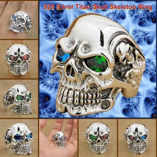 Punk Fashion Skull Skeleton Ring Solid 925 Sterling Silver Cool Mens Knight Individuality CZ Stone Titan Ring 8V1234567805