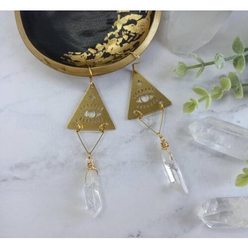 Evil Eye Quartz Triangle Earrings/Brass, Geometry, Earrings/Statement Earrings/Beautiful Bohemian Fashion Jewelry