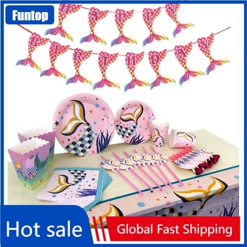 Cute Mermaid Party Tableware Picnic Dinner Plates Under The Sea Summer Pool Birthday Party Baby Shower Disposable Tableware