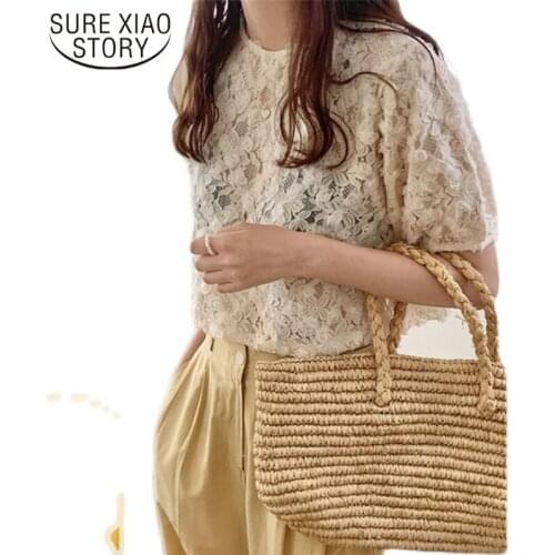 Fashion Sweet Flowers Lace Shirts Korean Loose Apricot Blouses Women Summer Top Short Sleeve Womens Clothing Blusas Mujer 15346