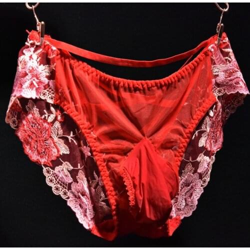 Sexy Sissy Panties Erotic See Through Embroidery Floral Underwear Breathable Cock Pouch Gay Mens Briefs Sissy Lingerie For Men
