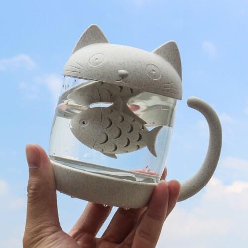 New Kawaii Cat Fish Coffee Mug Creative Glass Tea Mug With Filter And Lid Funny Mugs And Cups Drinkware For Kids Girls Gifts