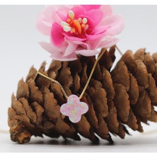 1pc Pretty Free shipping 10mm Synthetic pink op08 Fire Opal Flower Clover Sterling 925 Silver Necklace Flower for Girls gift