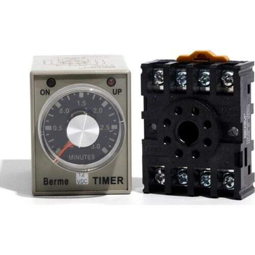 AH3-3 Time Relay DC12V Timer Relay with Socket 8Pin Set Range 3Minutes-60Minutes Off Delay Timer with Base