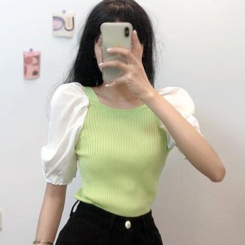 Retro Bubble Short-sleeved Tops Summer New Style Ladies Stitching Square Neck Sweater Short Pullover Top