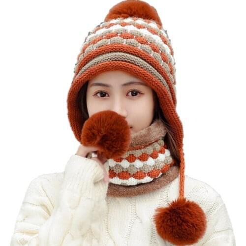 3 Hair Ball Hats Winter Women Fashion Velvet Wool Beanies Skullies Hat Bib Sets Female Knit Warm Windproof Riding Bonnet Caps