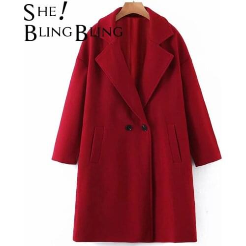 SheBlingBling Za 2021 Wool Blend Drop Shoulder Casual Long Blazers Autumn Winter Notched Collar Tra Women Jacket Chic Red Coats