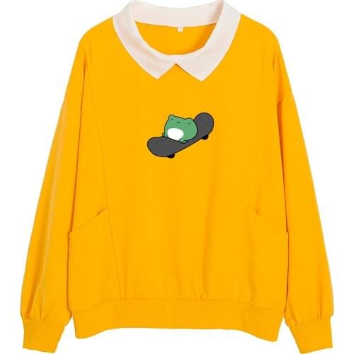 Kawaii Skateboarding Frog Hoodie Oversized Sweatshirt Sweet Turn-down Collar Hoodies for Women Clothes Female Korean Sweatshirt