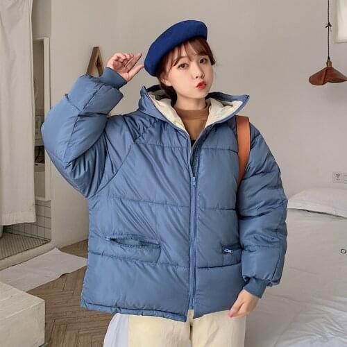 Korean Style Winter Jacket Women Loose Thick Womens Parkas Cotton Padded Stand Collar Hooded Solid Short Female Cold Coat