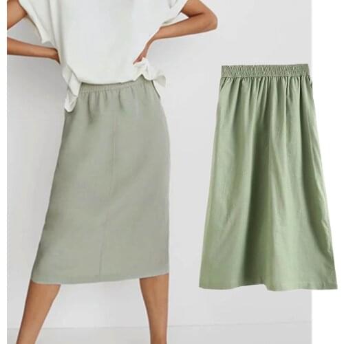 Jenny&Dave Midi Skirts Womens Indie Folk Solid Linen And Cotton Regular Solid Elastic Waist Long Skirt Women Faldas Mujer Moda