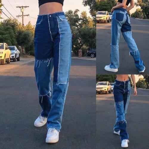 Special stitching womens denim trousers with contrast high waist and slim casual straight pants pantalon femme SAGACE 2021