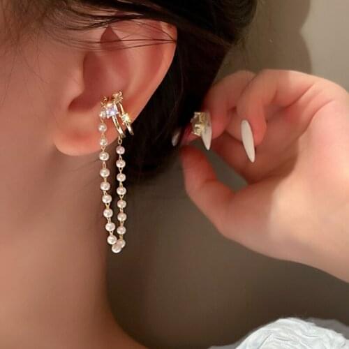 VSnow Korean Vintage Imitation Pearl Tassel Double-Layer Clip Earring for Women Cubic Zircon Gold Metal Hollow Earring Jewelry