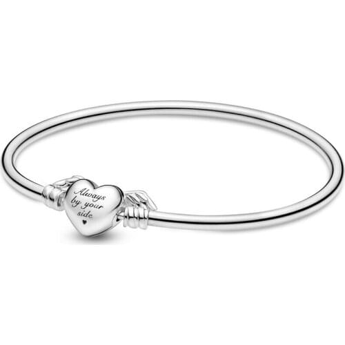 Authentic 925 Sterling Silver Moments Winged Heart Fashion Bangle Fit Pandora Women Bead Charm Bracelet Gift DIY Jewelry