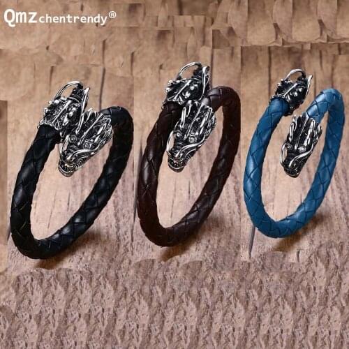 Female Braided Genuine Leather Bracelet Stainless Steel Dragon Male Bangles Stainless Steel Fashion Vintage Mens Fine Jewelry