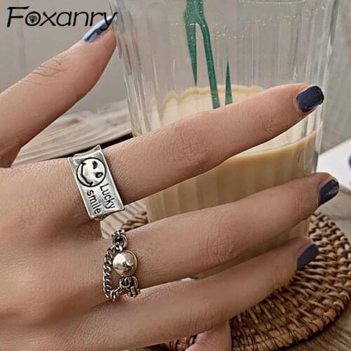 Evimi 925 Sterling Silver Chain Tassel Rings for Women Fashion Simple Smiley Face English Letter Vintage Party Jewelry Gifts