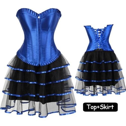 Blue Sexy Ruffles Corset Dress Womens Steampunk Clothing Vintage Halloween Costume Gothic Bustiers Corsets Skirt Set
