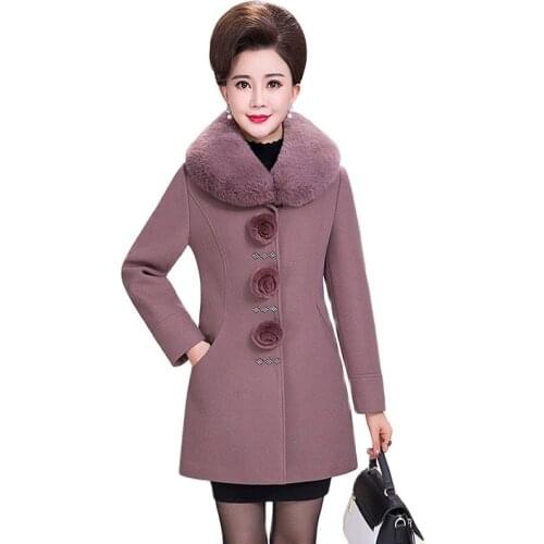 Winter Woolen Coat Female Outerwear Fashion Loose Mid-Length Mom Cashmere Overcoat Elegant Oversize Fur Collar Warm Jacket Women
