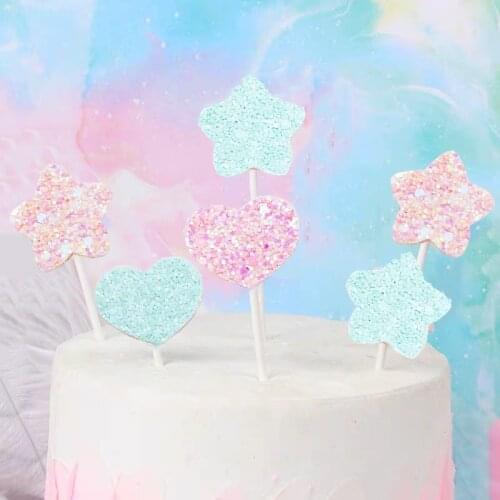 5Pcs Cupcake Toppers Heart Star Shape Glitter Cake Toppers for Birthday Wedding Engagement Cake Decoration