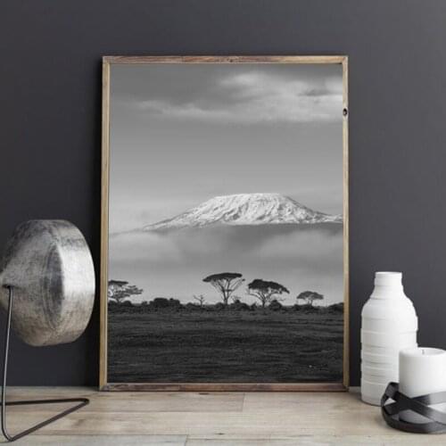 Mount Kilimanjaros Snow Top From Savana Canvas Painting Wall Art Picture Black White Travel Photography Poster Print Home Decor