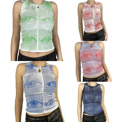 Eyes Printed Crop Top Womens Causal Round Neck Vest Ladies Sexy Club Streetwear Exposed Navel Sleeveless Fashion Tops