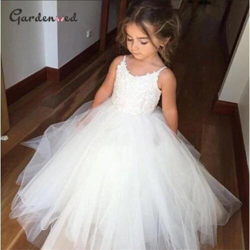 Ivory Lace Flower Girl Dresses Appliques Spaghetti Straps A line Scoop Baby Girl Prom Dresses Fluffy Tulle Girl Bridal Dress