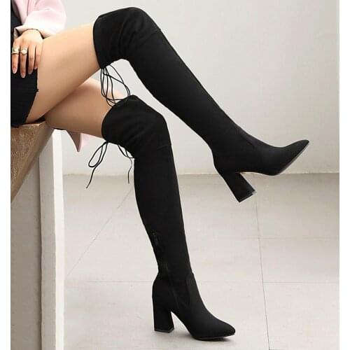 LAIGZEM Women Over Knee Boots Side Zip Chunky Thick Heeled Boots Winter Basic Shoes Woman Frauen Stiefel Large Size 33 39 42 43