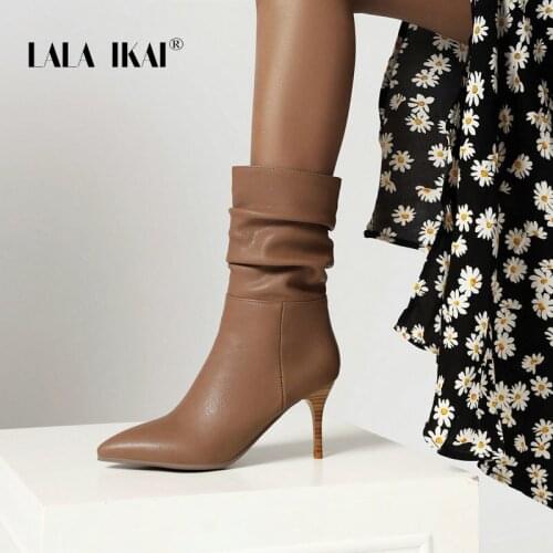 LALA IKAI Boots Women Autumn Winter 2020 New 8CM High Heels Short Booties Folds Ankle Boots Fashion Zapatos de mujer XWC10491-4