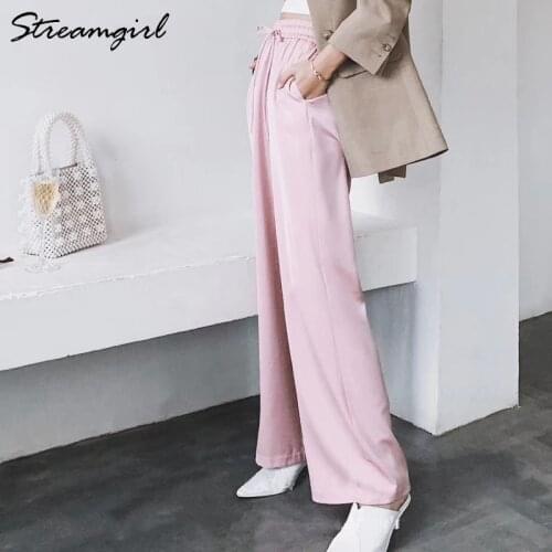 Streamgirl Summer Wide Leg Pants For Women Trousers High Waist Satin Wide Pant 2020 Casual Red Women Summer Pants Formal Woman